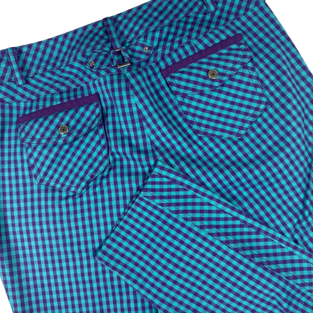 Louis Castel Gingham Check Slim Pants Women 73 (US 6) Teal Purple Wool Blend